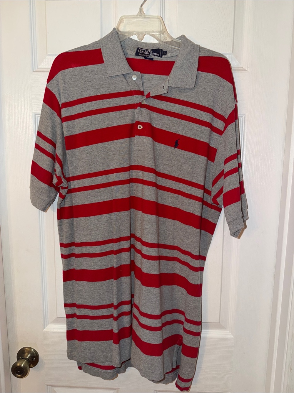 Men’s Ralph Lauren Chaps Polo shirt, size L, Gray with red stripes, navy logo